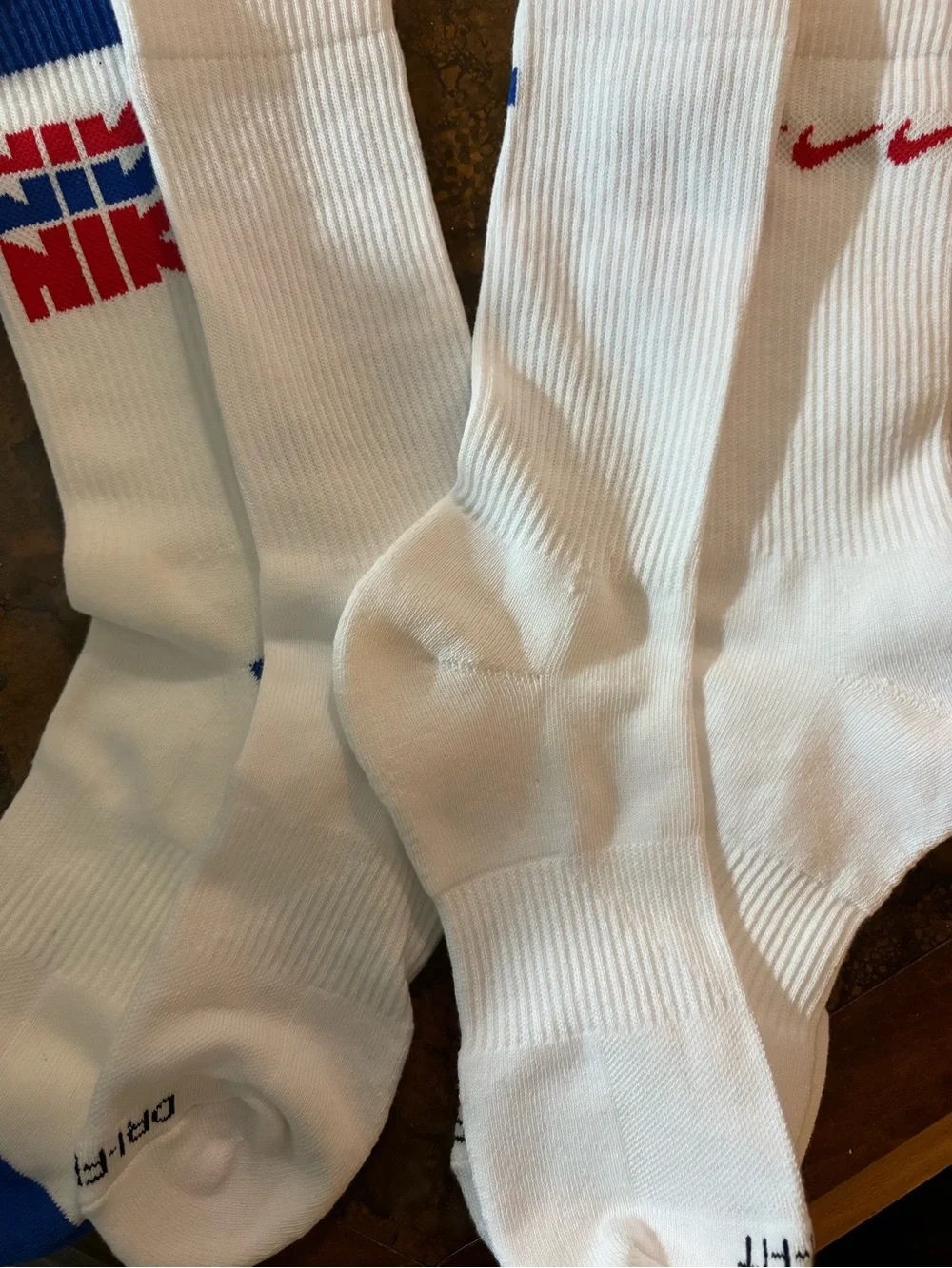 NWOT Nike White Crew Athletic Socks with Red & Blue Logos - 3 Pack